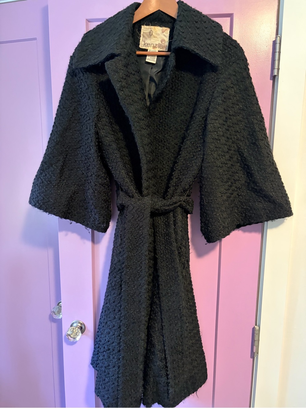 kenzie Black Textured Bouclé Wrap Coat with Belt